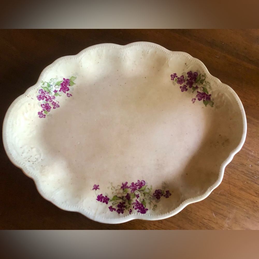 10134 Antique Ironstone Platter White Violet green Floral Heavy Crazing Staining